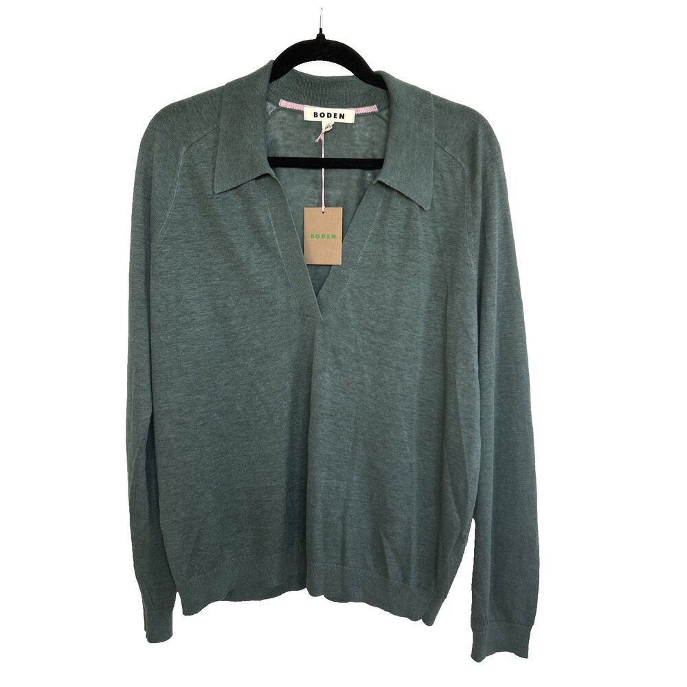 Boden Agnes Collared 100% Linen Sweater Green Jasper Light Weight Size L New